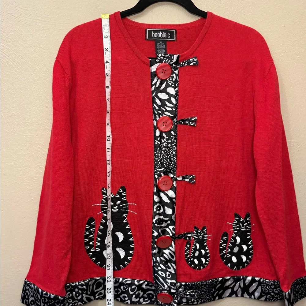 Bobbie C Vintage Red & Black Embroidered Abstract Cat Toggle Cardigan Size XL - Picture 5 of 8